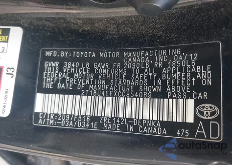 2012 Toyota Corolla Le from USA, damaged, VIN 2T1BU4EEXCC854089